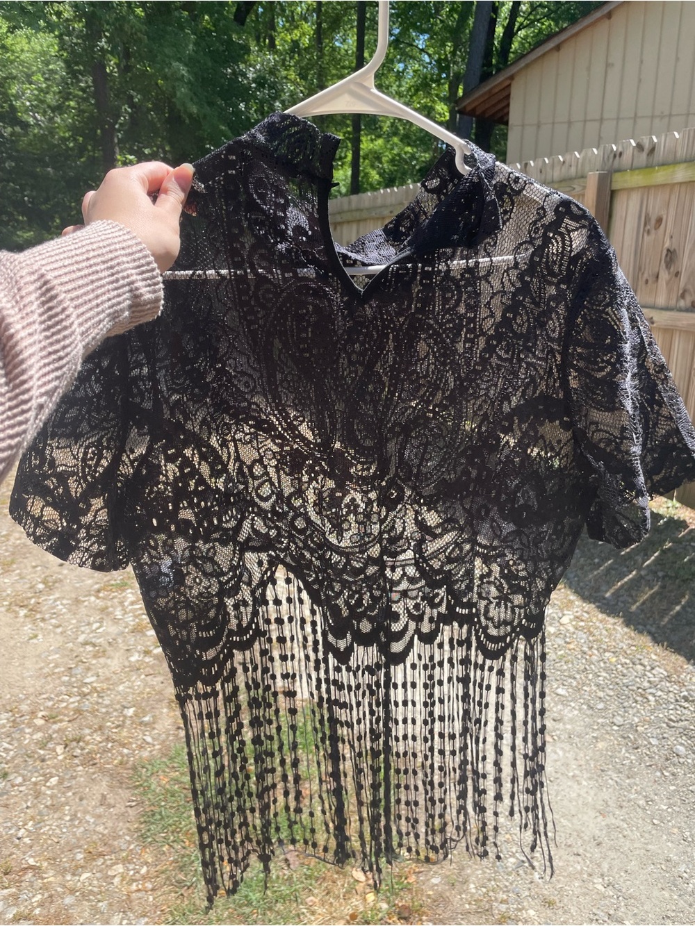 SHEIN Black Lace Fringe Overlay Blouse